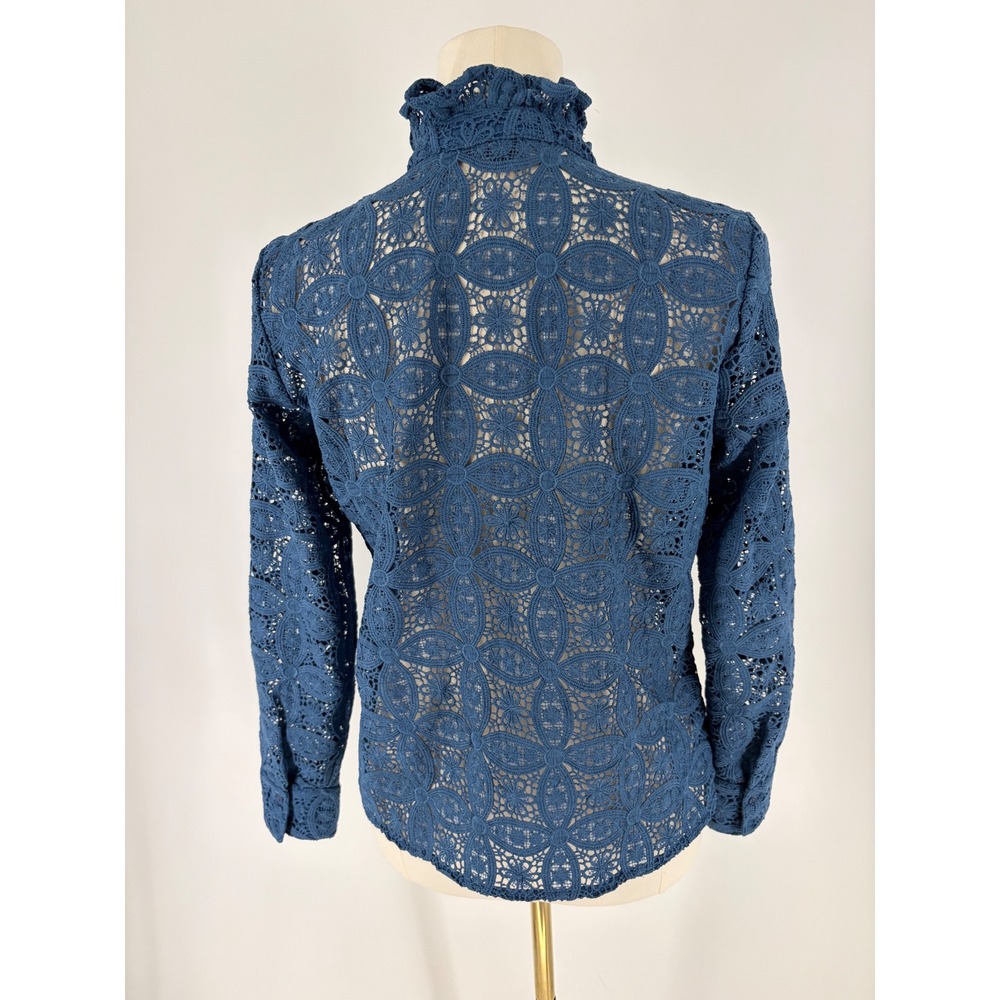 Ann Taylor Blue Guipure Lace Ruffle High Neck Button Down Blouse Top Small SP - Picture 3 of 4